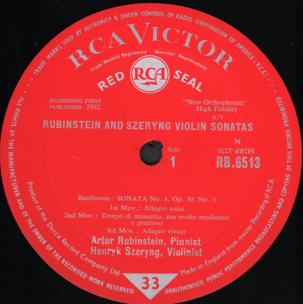 Artur Rubinstein and Henryk Szeryng - Beethoven / Brahms - Violin Sonatas (No. 8, Op. 30, No. 3 / No. 1, Op. 78) - Lp