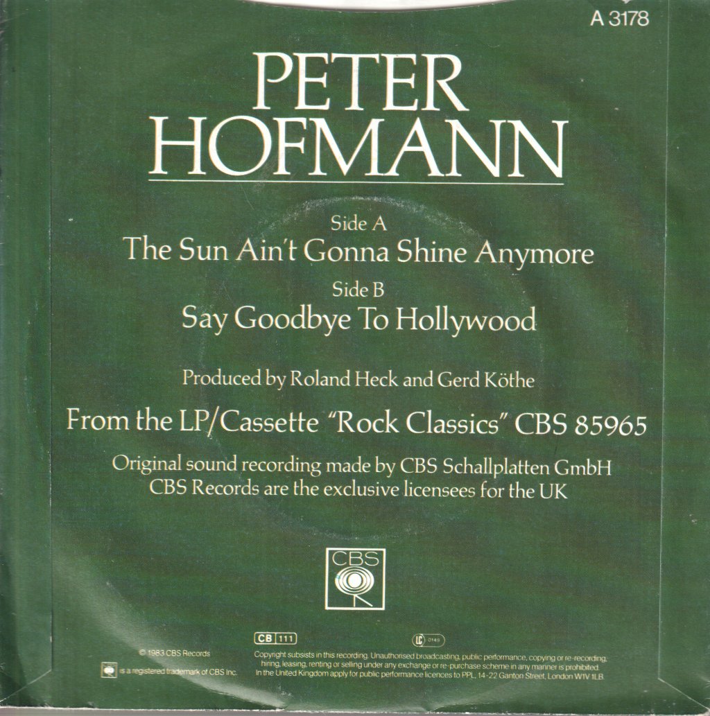 Peter Hofmann - Sun Ain't Gonna Shine Anymore - 7 Inch