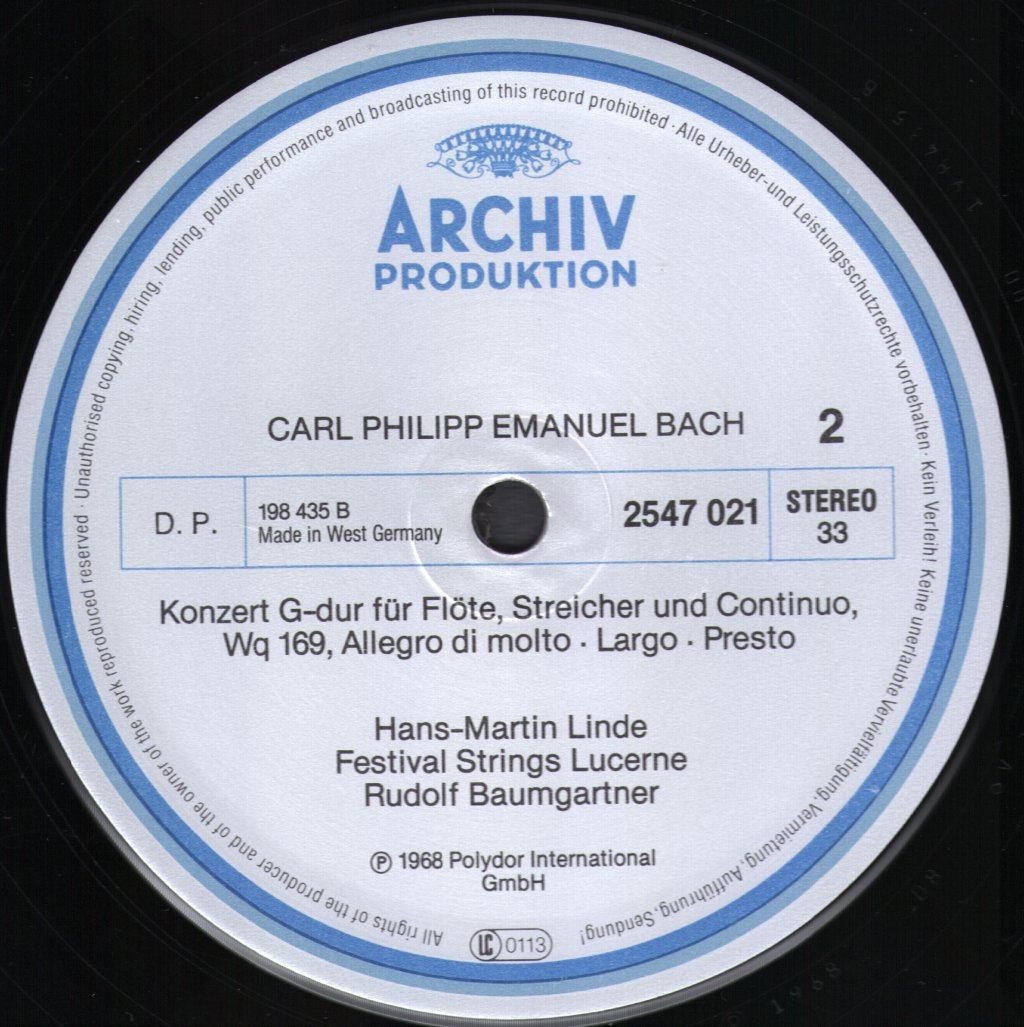 Hans-Martin Linde / Rudolf Baumgartner / Festival Strings Lucerne - Carl Philipp Emanuel Bach - Flötenkonzerte - Lp