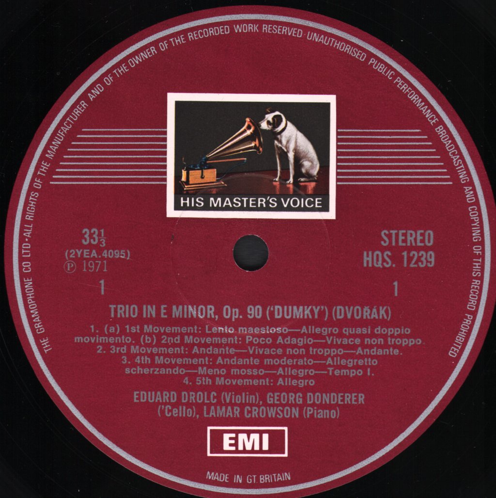 Lamar Crowson / Eduard Drolc / Jürgen Paarmann / Stefano Passaggio / Georg Donderer - Dvorak 'Dumky' Trio, Op.90 / Terzetto, Op.74 - Lp