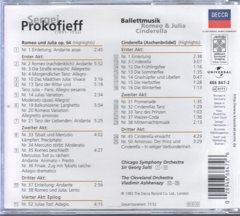 Vladimir Ashkenazy - Ballettmusik - Romeo & Juliet / Cinderella - Cd