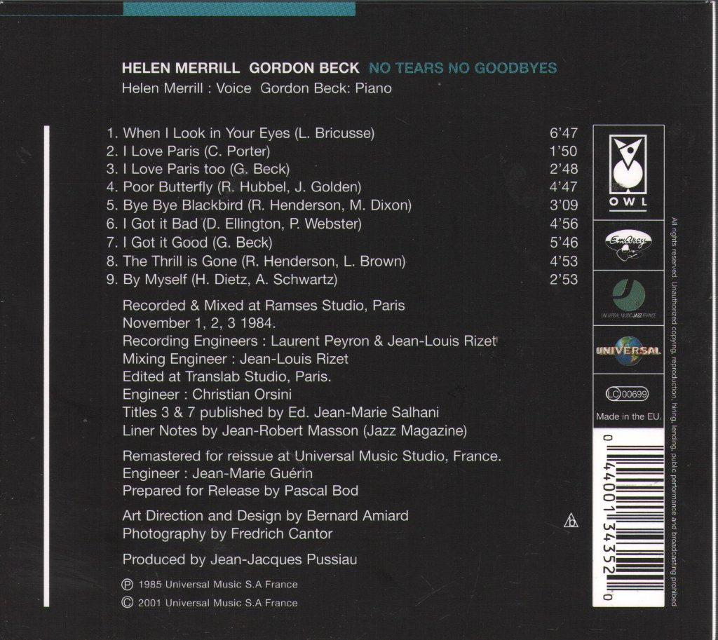 Helen Merrill & Gordon Beck - No Tears, No Goodbyes - Cd