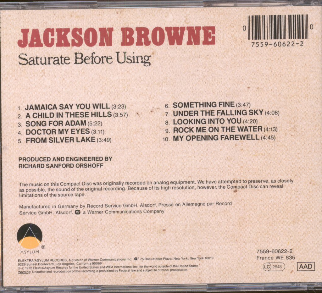 Jackson Browne - Saturate Before Using - Cd