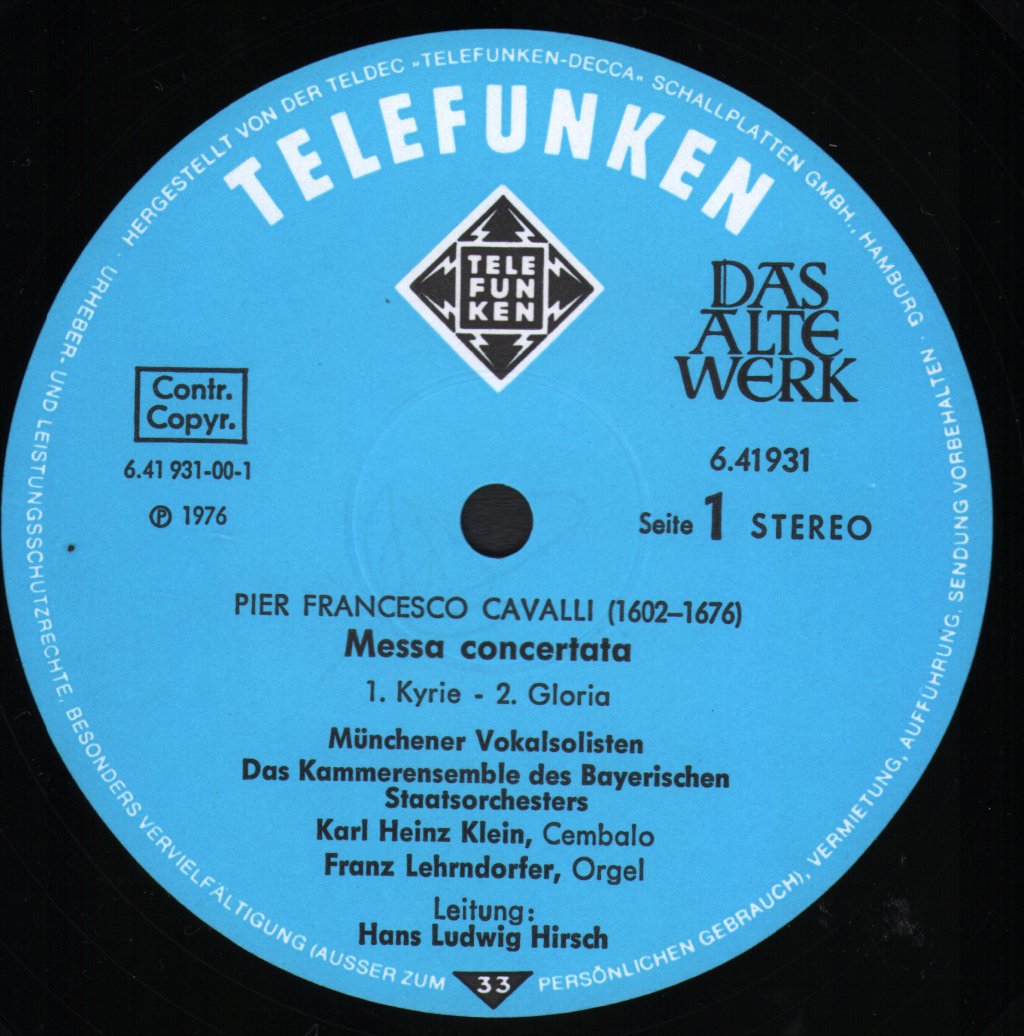 Hans Ludwig Hirsch / Das Kammerensemble Des Bayerischen Staatsorchesters - Pier Francesco Cavalli - Messa Concertata 1656 - Lp
