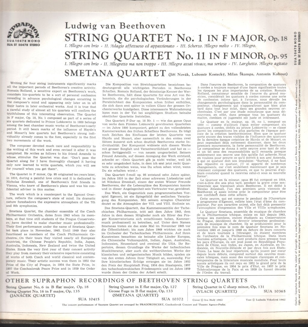 Smetana Quartet - Beethoven - String Quartets Nos.1 And 11 - Lp