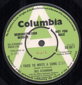 Des O'Connor - I Tried To Write A Song - 7 Inch