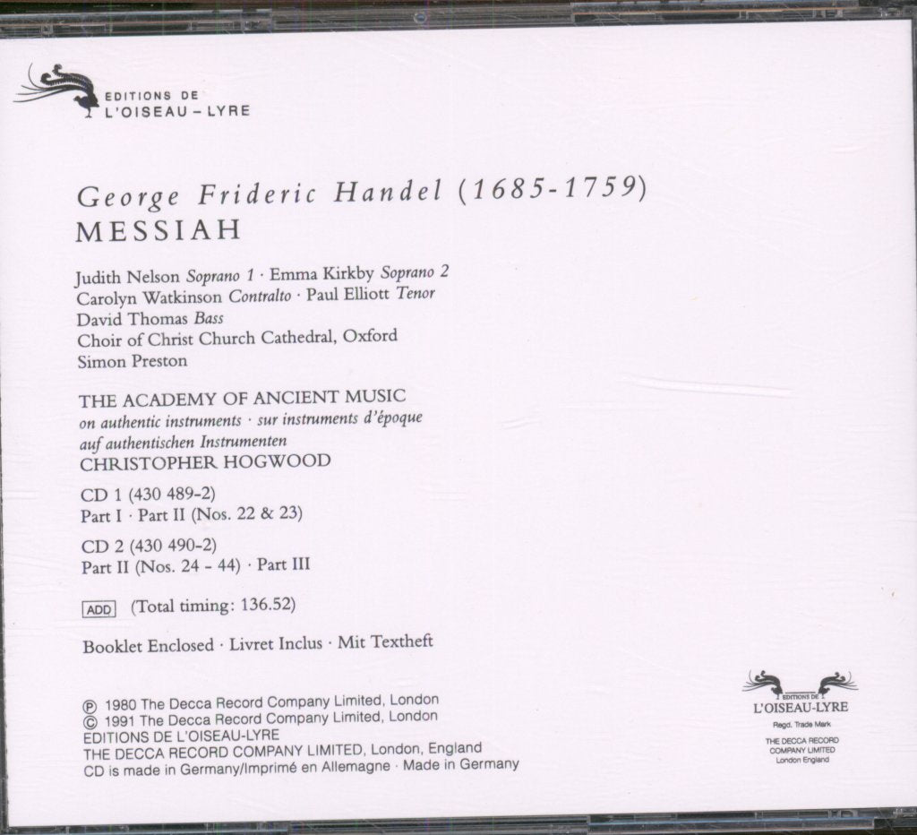 Choir Of Christ Church Cathedral, The Academy Of Ancient Music, Christopher Hogwood - Handel - Messiah - Cd Set
