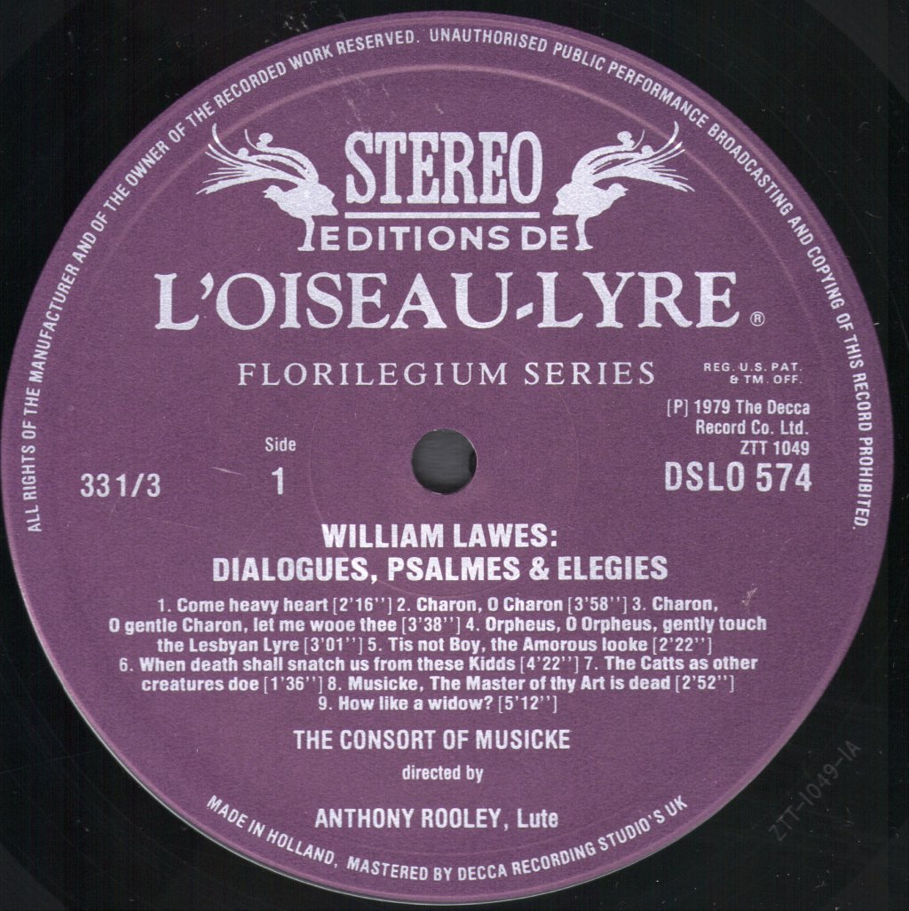 Consort Of Musicke - William Lawes - Dialogues, Psalmes & Elegies - Lp