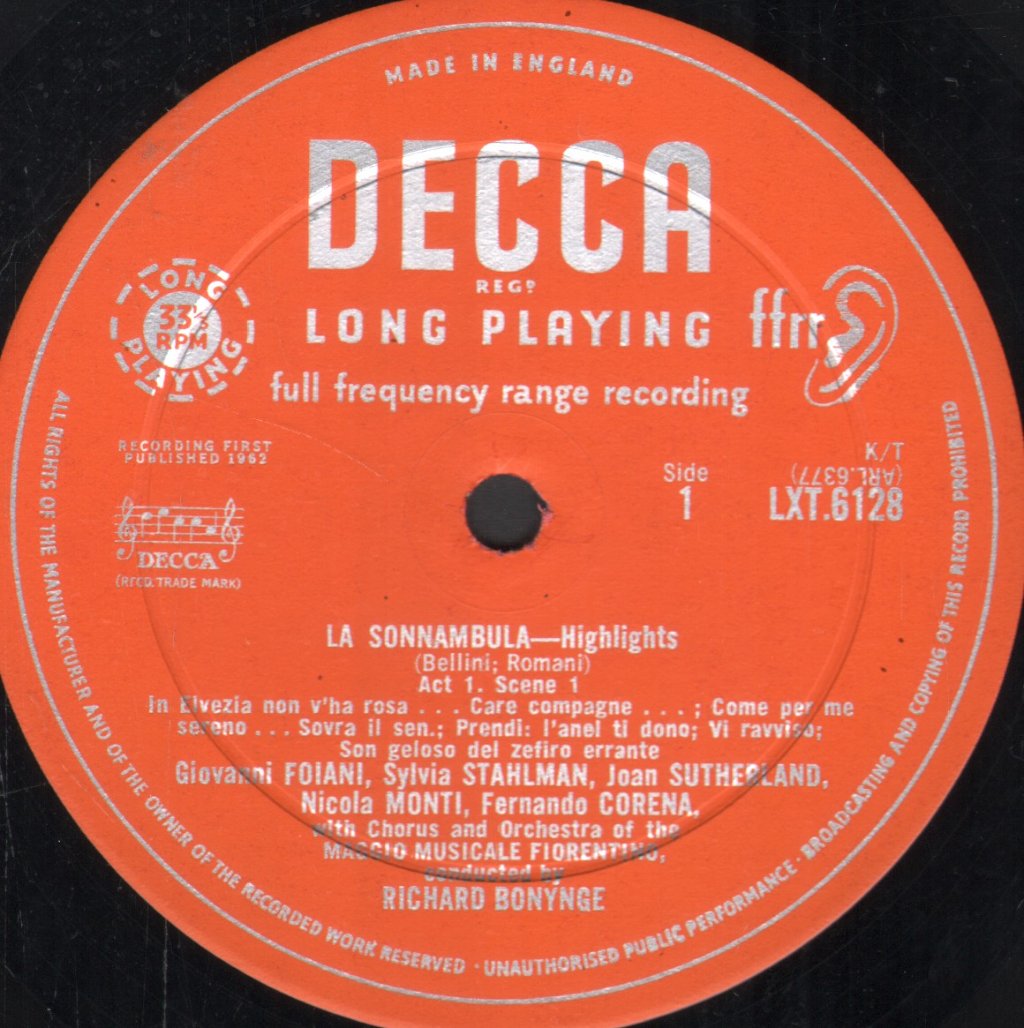 Joan Sutherland / Fernando Corena / Sylvia Stahlman / Richard Bonynge - Bellini - La Sonnambula Highlights - Lp