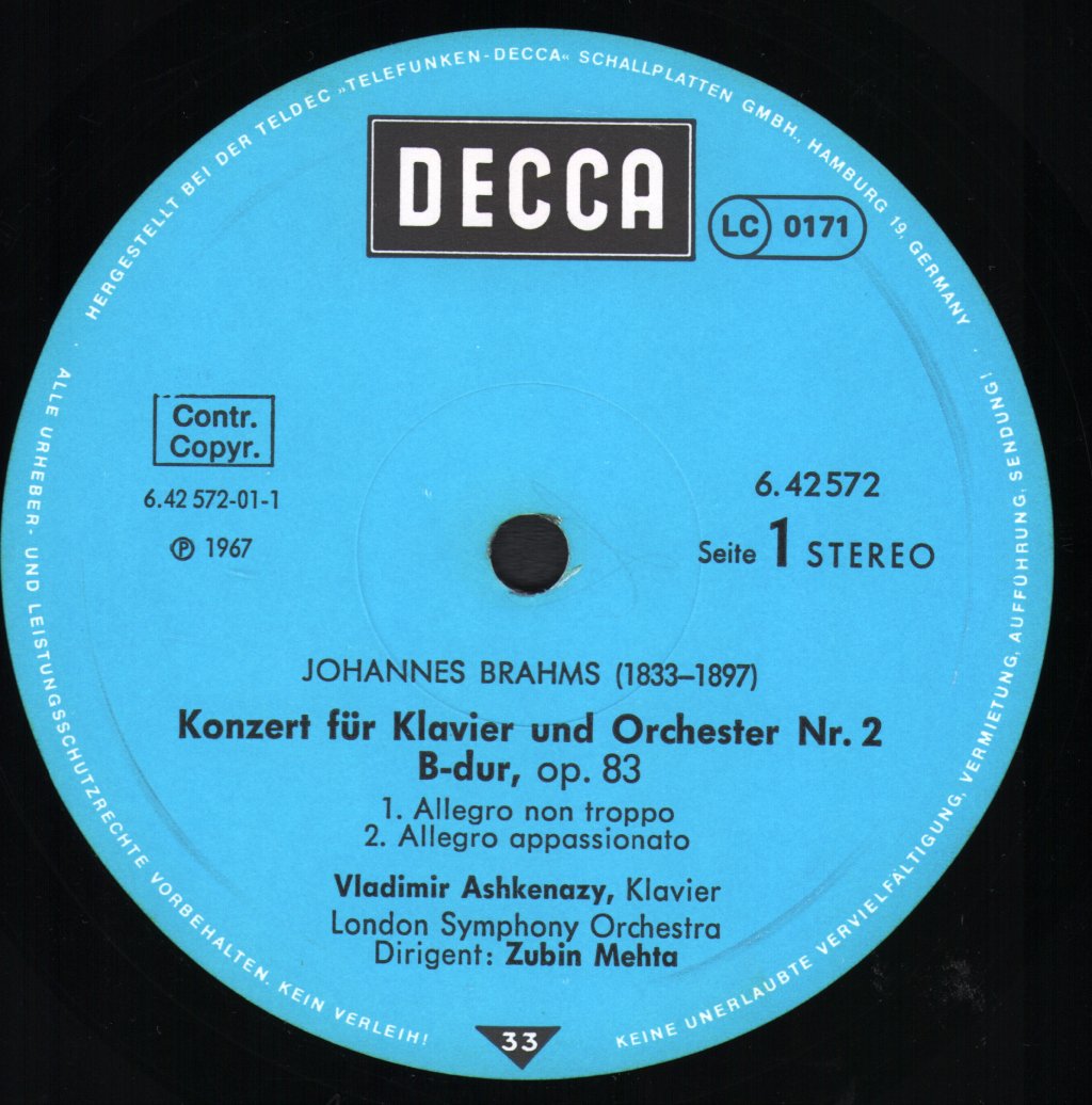 Vladimir Ashkenazy / Zubin Mehta / London Symphony Orchestra - Johannes Brahms - Piano Concerto No. 2 - Lp
