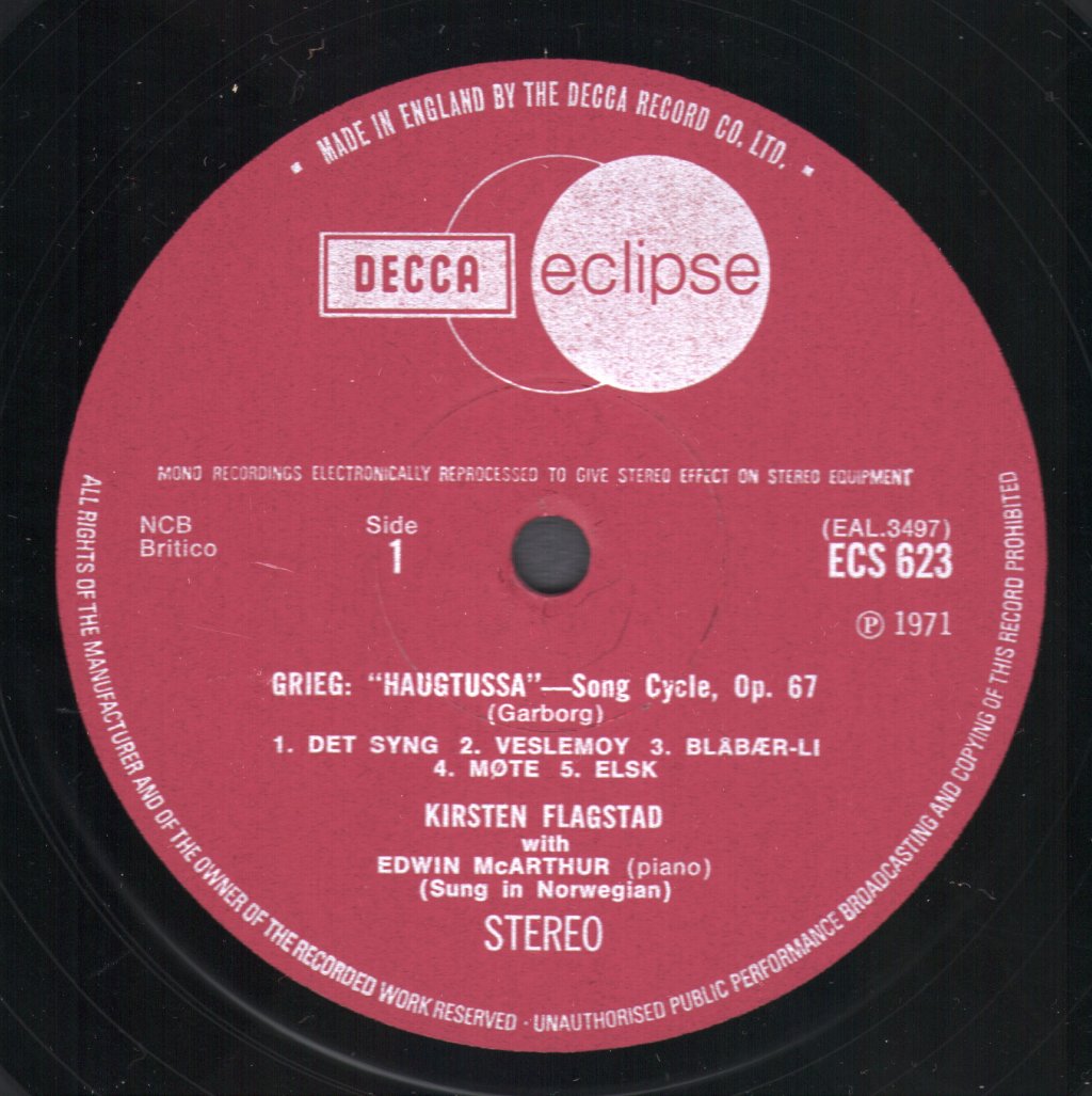 Kirsten Flagstad / Edwin McArthur - Grieg - "Haugtussa" / Four Sinding Songs - Lp