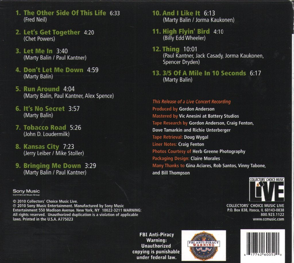 Jefferson Airplane - Live At The Fillmore Auditorium 10/16/66 (Early & Late Shows - Grace's Debut) - Cd