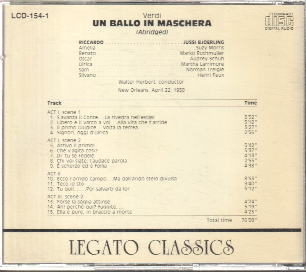 Jussi Björling - Verdi Un Ballo in Maschera abridged - Cd