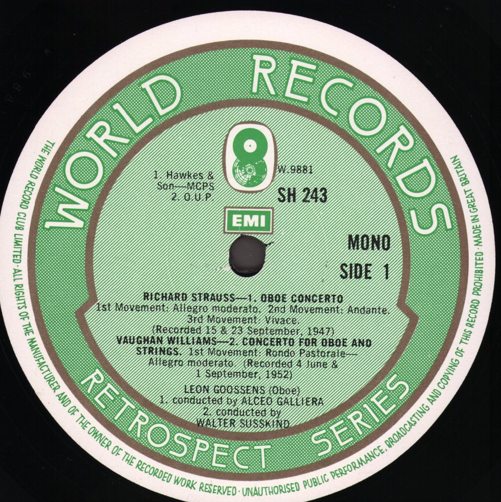 Leon Goossens - Richard Strauss - Oboe Concerto / Vaughan Williams Concerto for Oboe and Strings - Lp