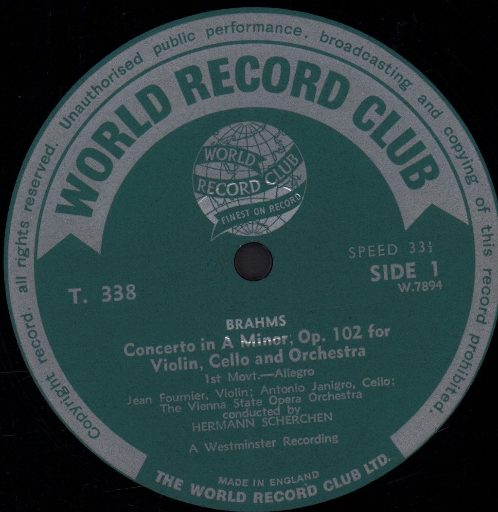 Jean Fournier / Antonio Janigro - Brahms Double Concerto For Violin, Cello & Orchestra - Lp