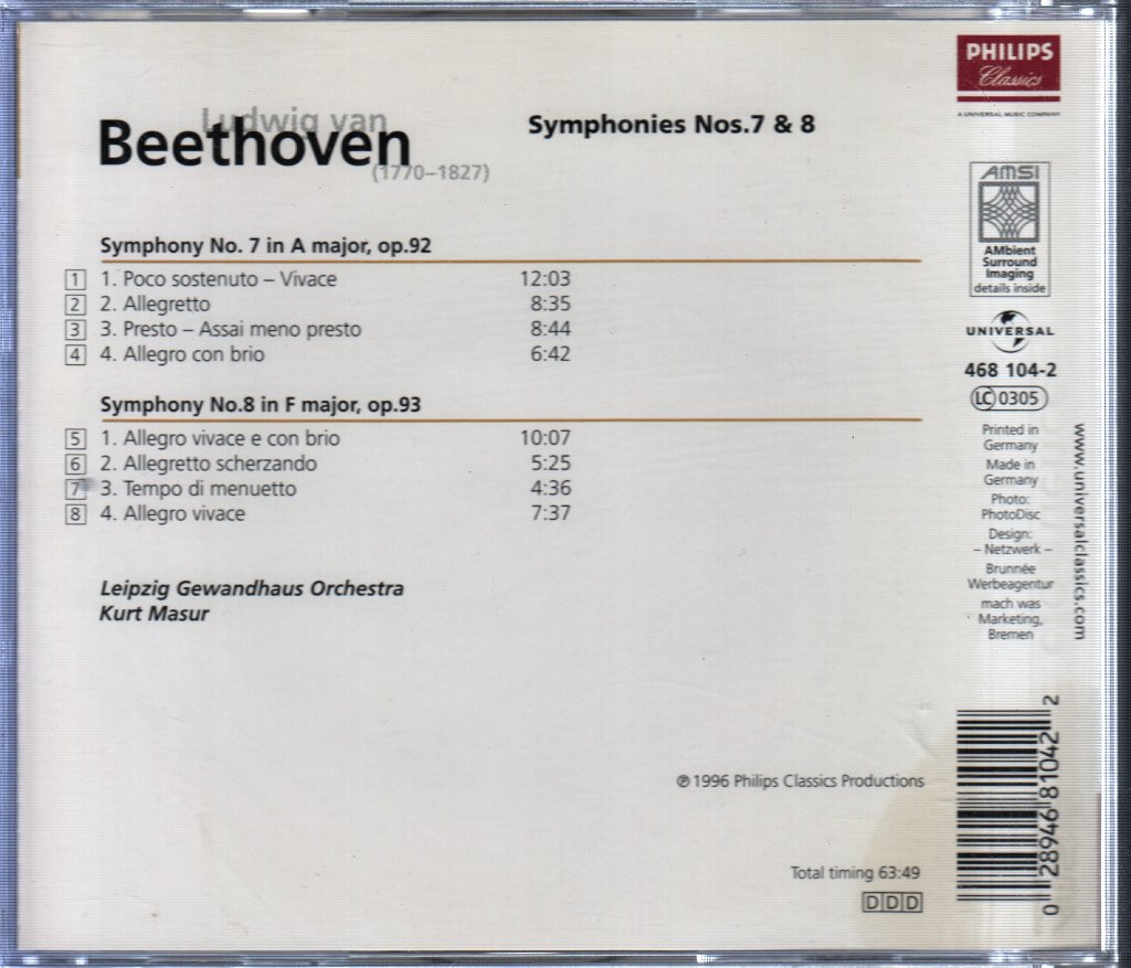 Ludwig Van Beethoven - Symphonies Nos. 7 & 8 - Cd