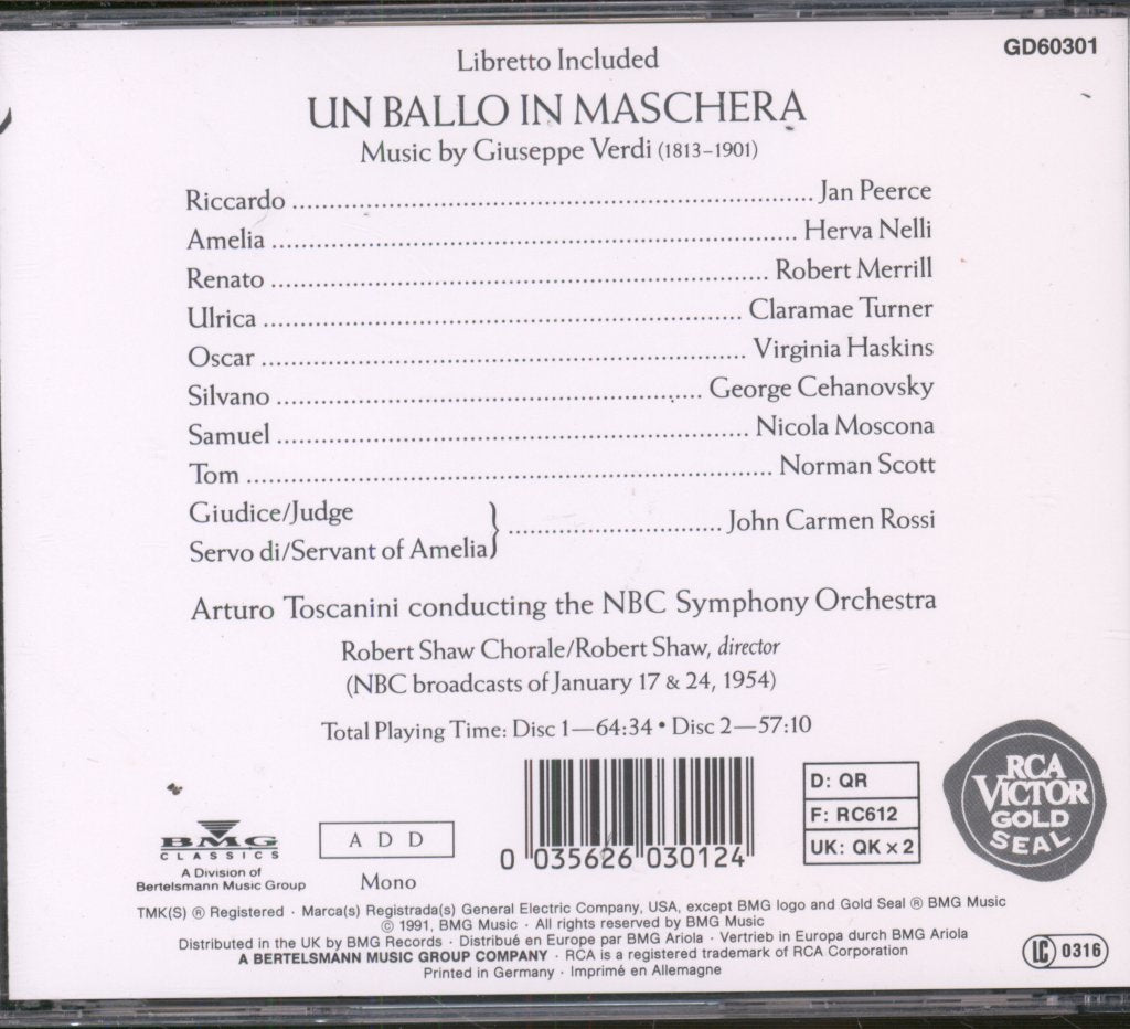 NBC Symphony Orchestra, Arturo Toscanini - Un Ballo In Maschera - Double Cd