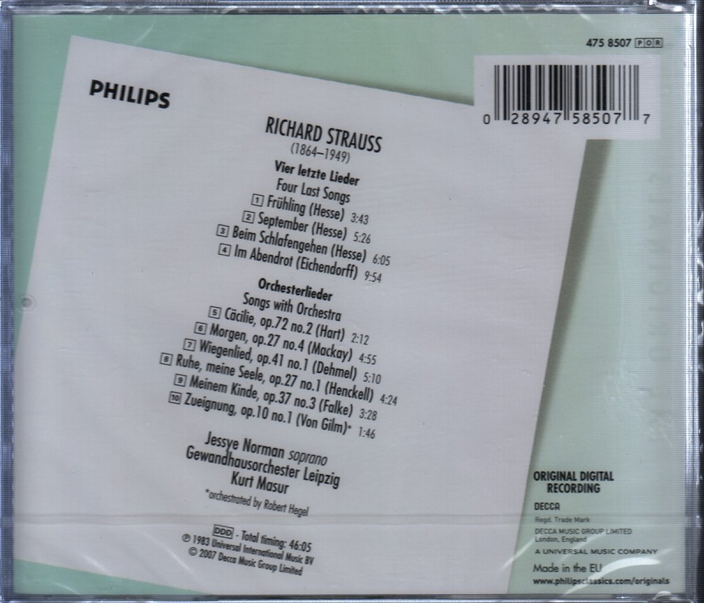 Richard Strauss - Vier Letzte Lieder = Four Last Songs / 6 Orchesterlieder = 6 Orchestral Songs - Cd