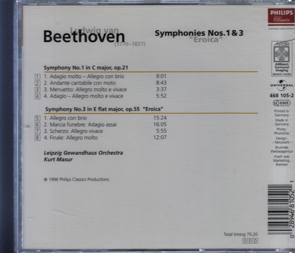 Ludwig Van Beethoven - Symphonies Nos. 1 & 3 - Cd
