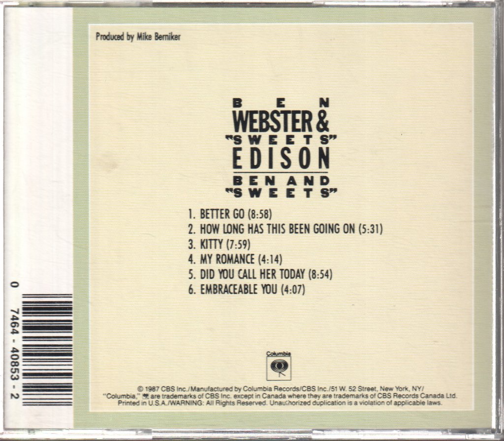 Ben Webster And Harry Sweets Edison - Ben And "Sweets" - Cd