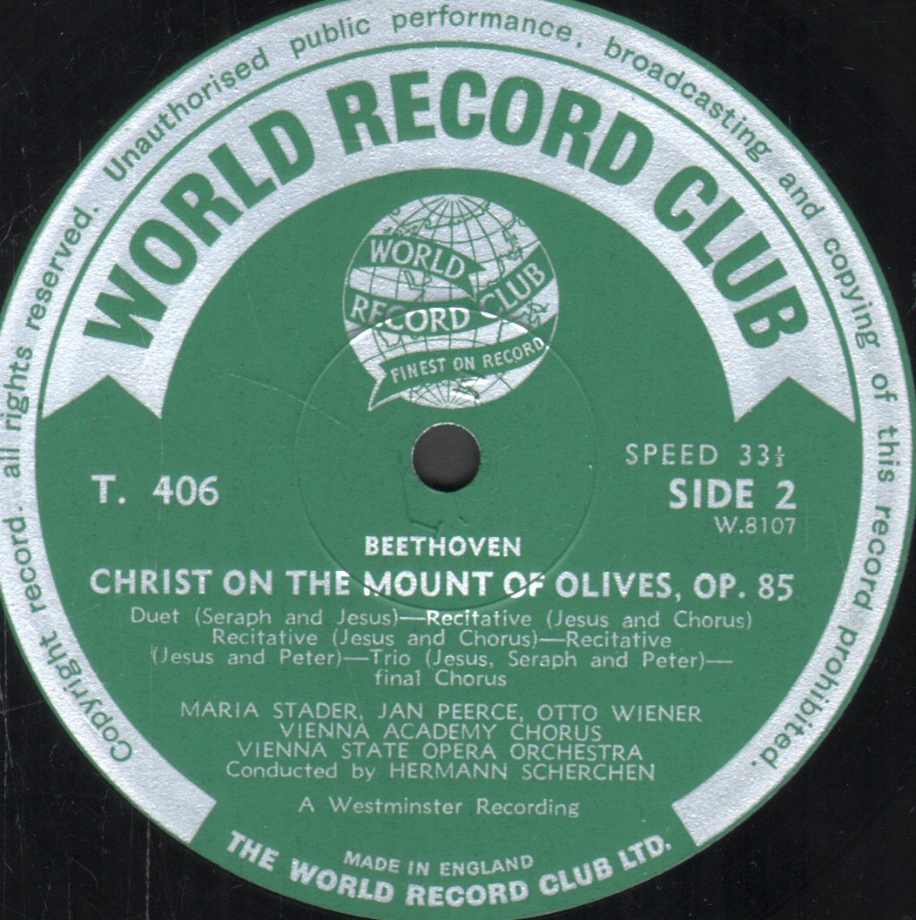 Jan Peerce / Maria Stader / Vienna State Opera Orchestra / Hermann Scherchen - Beethoven - Christ On The Mount Of Olives - Lp