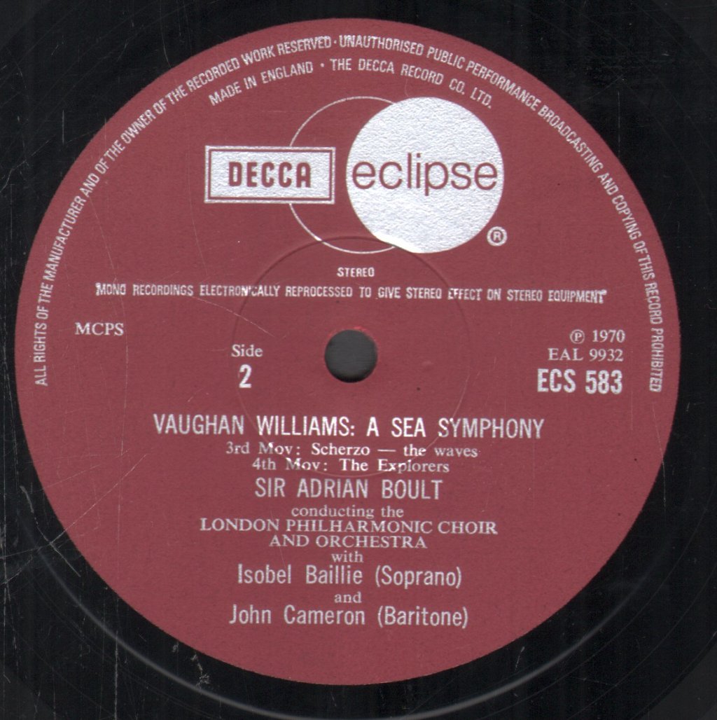 Sir Adrian Boult / Isobel Baillie / John Cameron - Vaughan Williams - A Sea Symphony - Lp
