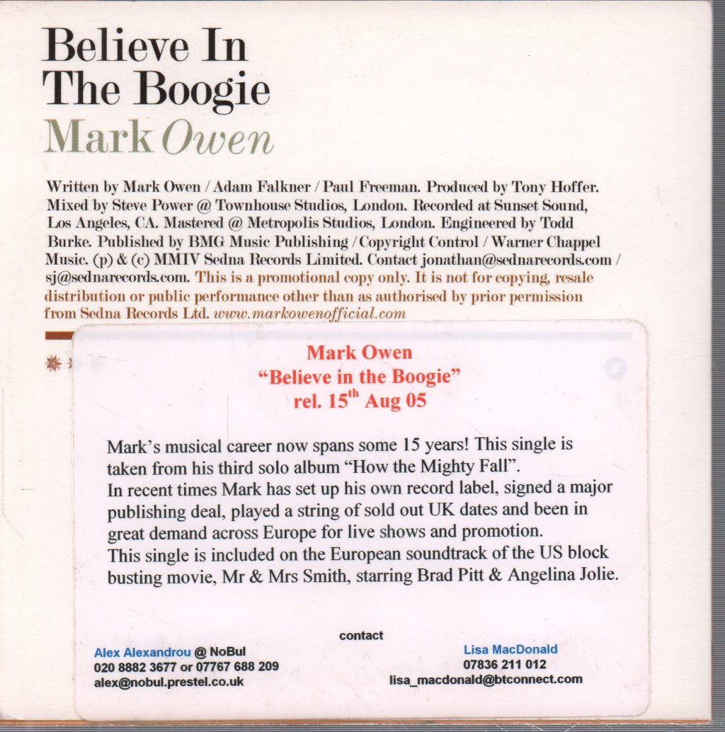 Mark Owen - Believe In The Boogie - Cd
