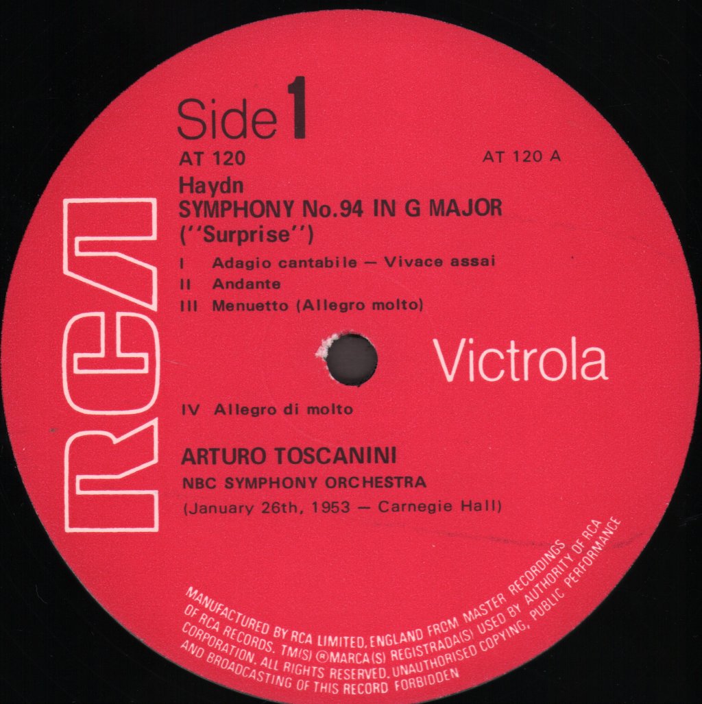 Arturo Toscanini / NBC Symphony Orchestra - Haydn - Symphony No. 94 In G Major / Symphony No. 101 In D Major - Lp
