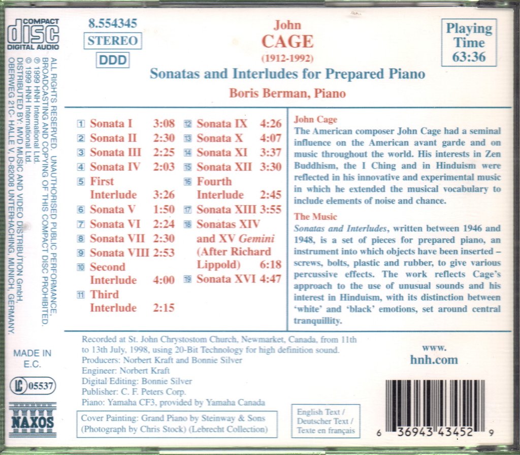 Boris Berman - John Cage - Sonatas And Interludes For Prepared Piano - Cd