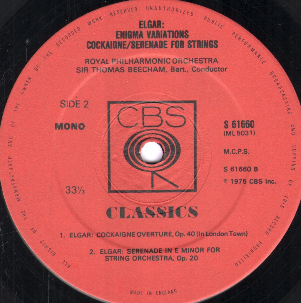 Sir Thomas Beecham / Royal Philharmonic Orchestra - Elgar - Enigma Variations / Cockaigne Overture, Op. 40 - Serenade For String Orchestra, Op. 20 - Lp