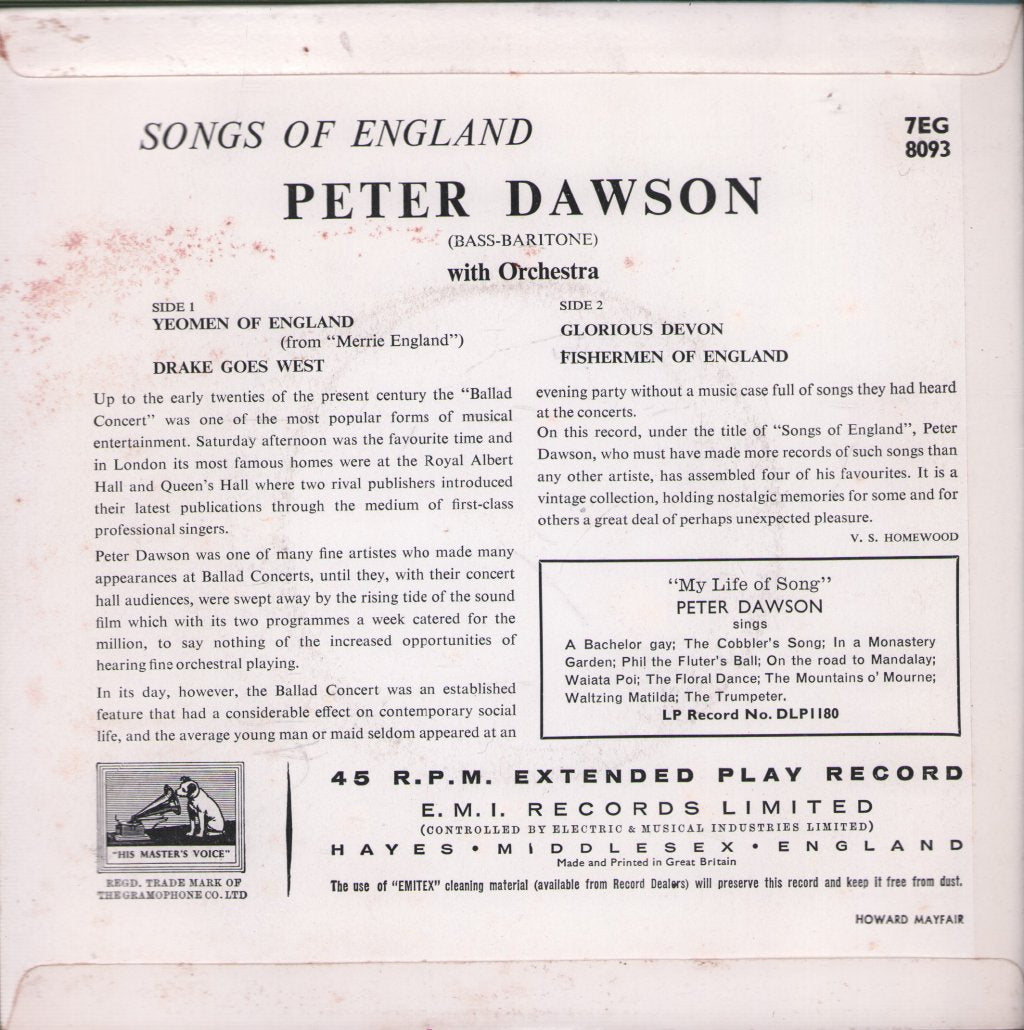Peter Dawson (Aussie Artist) - Songs Of England - 7 Inch