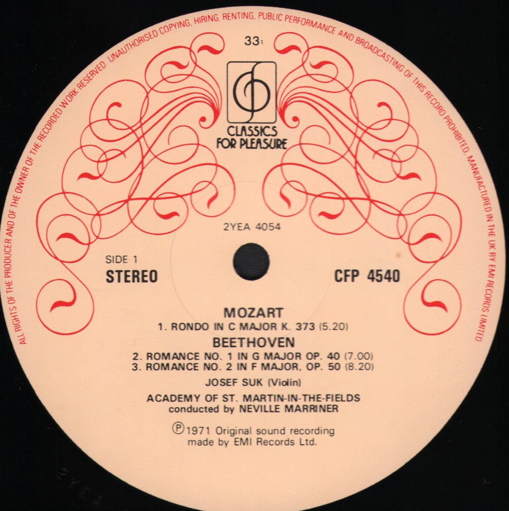 Josef Suk / Neville Marriner / Academy Of St. Martin in the Fields - Beethoven - Romance No.1 In G Major / Mozart - Lp