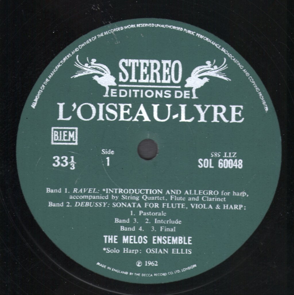 Melos Ensemble - Ravel - Introduction And Allegro / Debussy - Sonata - Lp