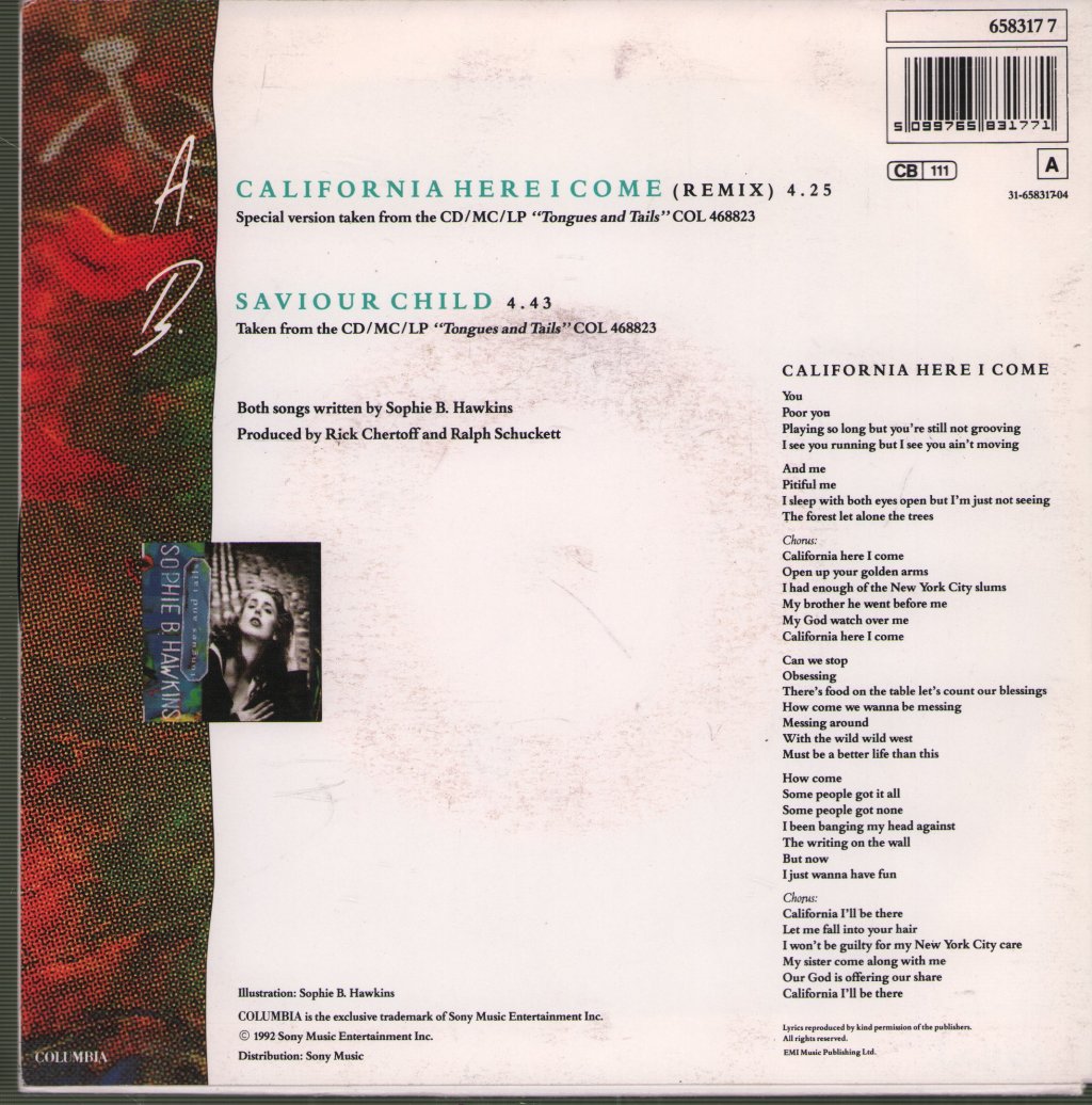 Sophie B Hawkins - California Here I Come - 7 Inch