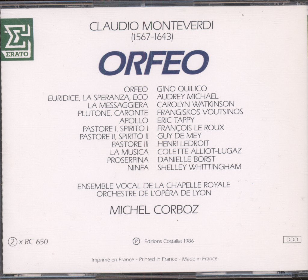 Orchestre De L'Opéra De Lyon, Michel Corboz - Monteverdi - Orfeo - Cd Set