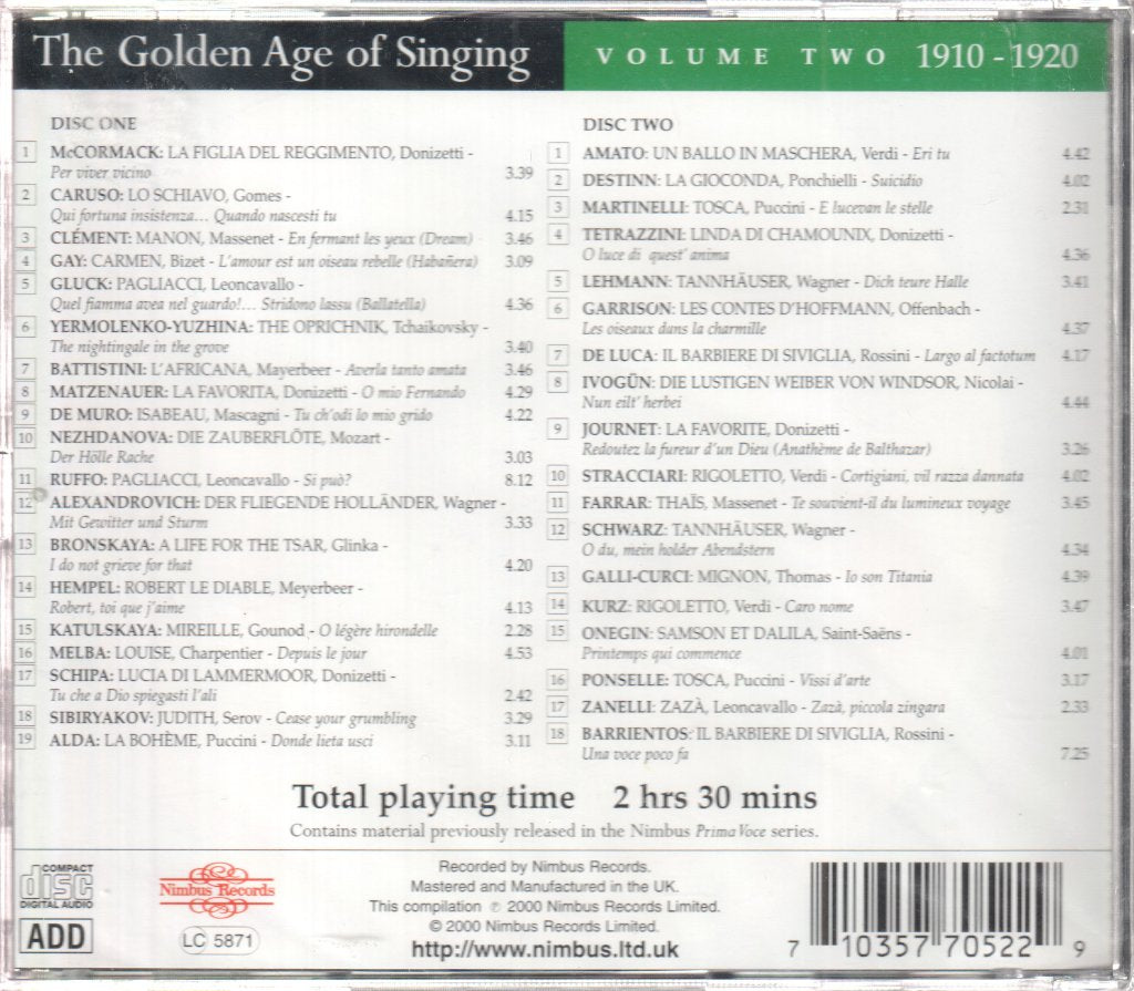 Various Artists - Golden Age Of Singing Volume Two 1910 - 1920 - Double Cd