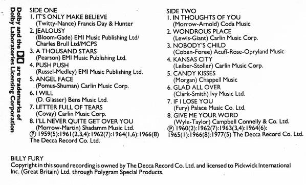 Billy Fury - In Thoughts Of You (The Best Of Billy Fury) - Cassette