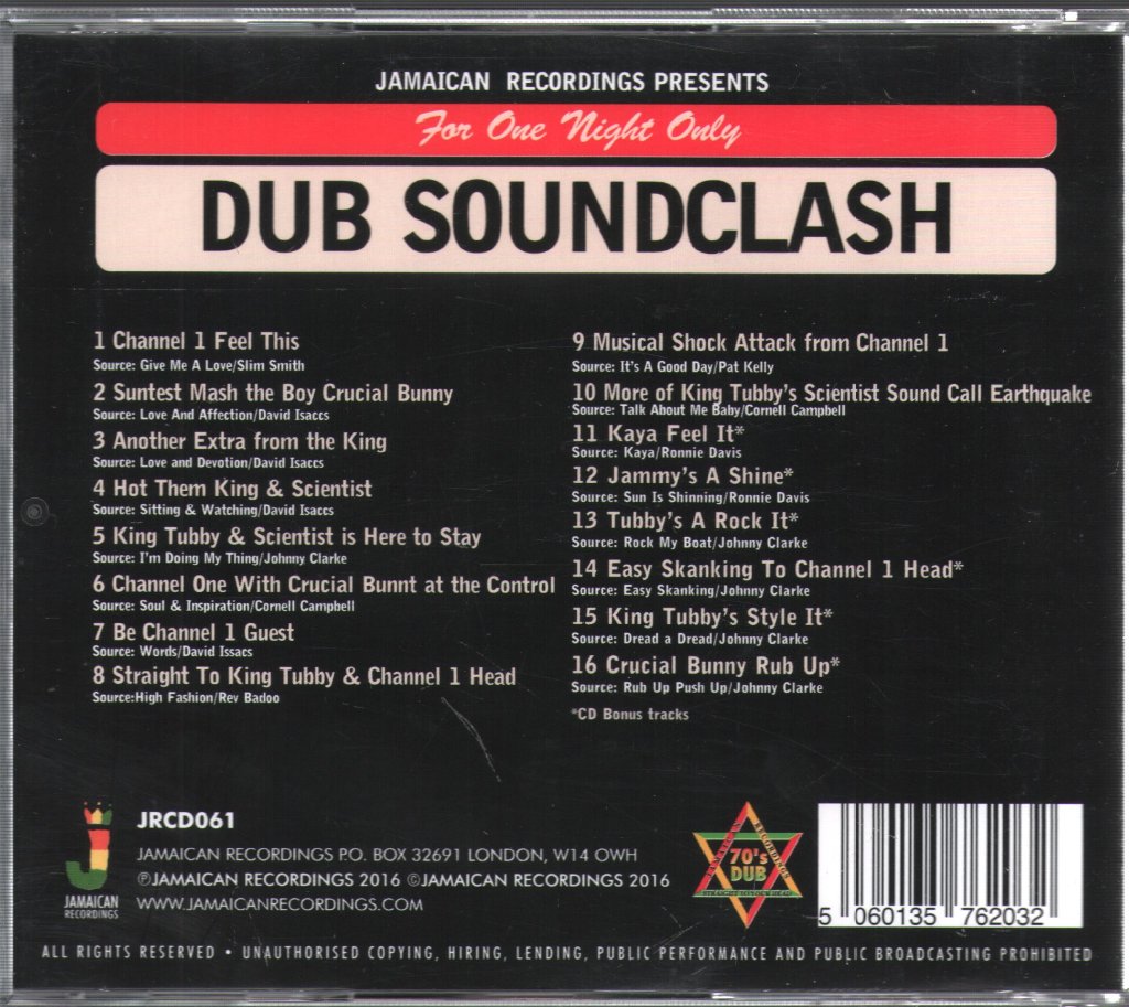 King Tubby Vs Channel One - Dub Soundclash (For One Night Only) - Cd
