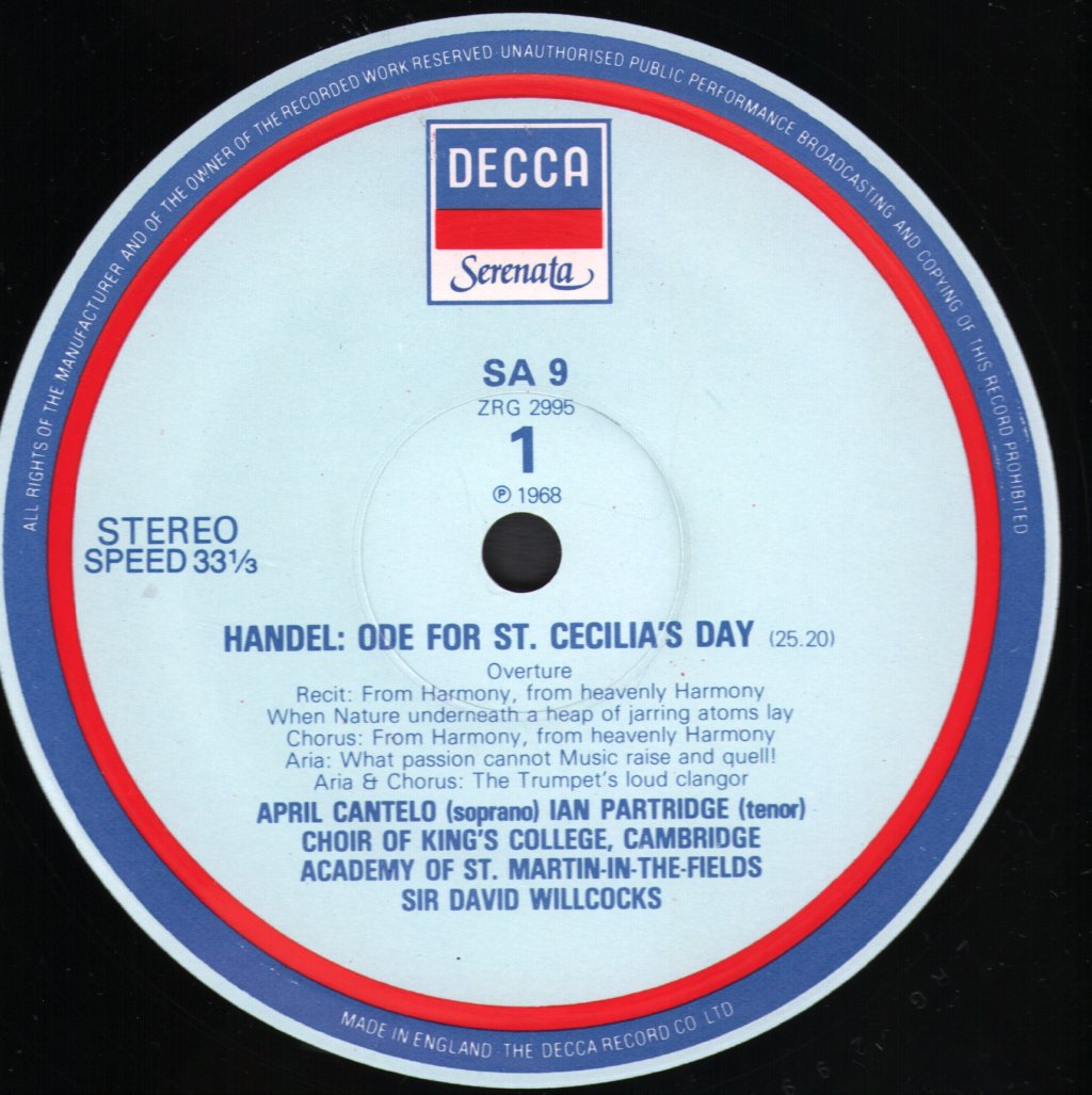 Choir Of King's College Cambridge / Academy Of St. Martin in the Fields / Sir David Willocks - George Frideric Handel - Ode For St. Cecilia's Day - Lp