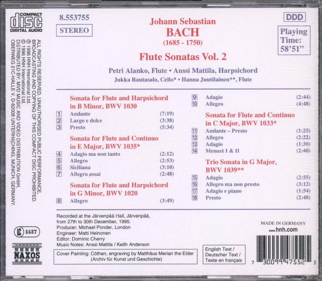 Petri Alanko, Anssi Mattila, Jukka Rautasalo, Hanna Juutilainen - Bach - Flute Sonatas Vol. 2 - Cd