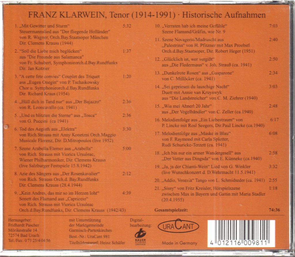 Franz Klarwein - Tenor - Cd