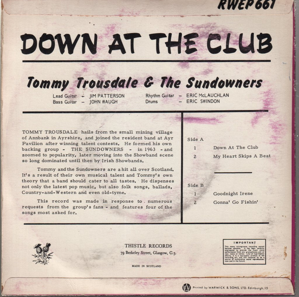 Tommy Trousdale And The Sundowners - At The Club - 7 Inch