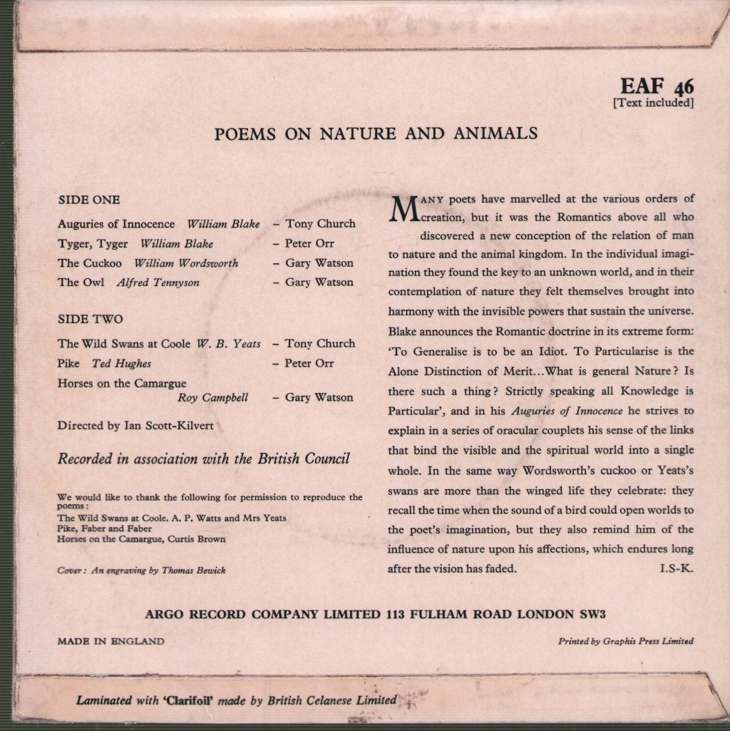 Tony Church, Peter Orr, Gary Watson - Animal Poems - 7 Inch