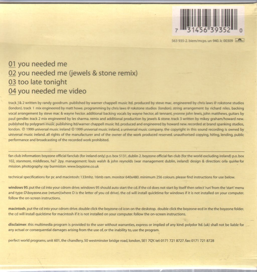 Boyzone (Boy Band) - You Needed Me - Cd
