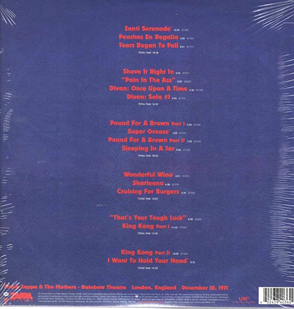 Frank Zappa & The Mothers - Rainbow Theatre, London, England 10th Dec 1971 - Triple Lp