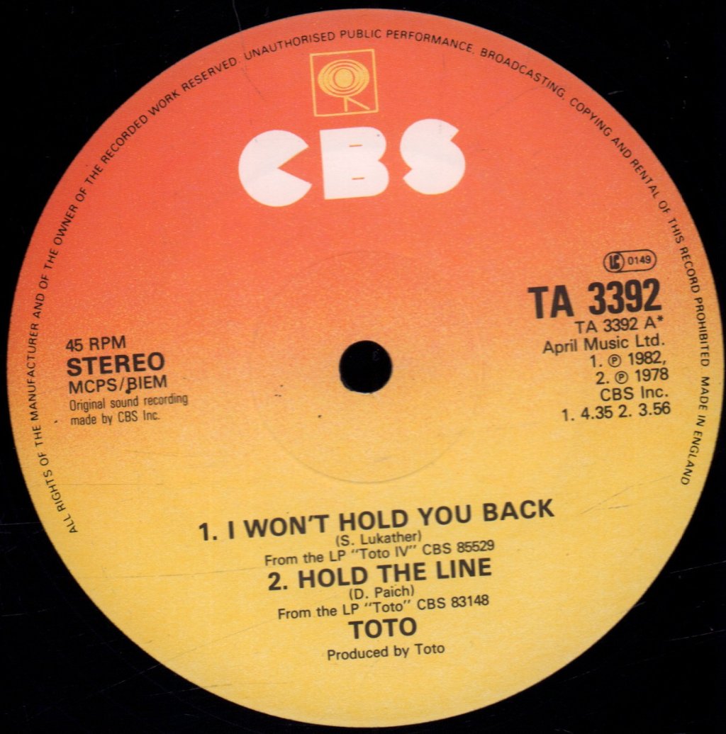 Toto - I Won't Hold You Back - 12 Inch