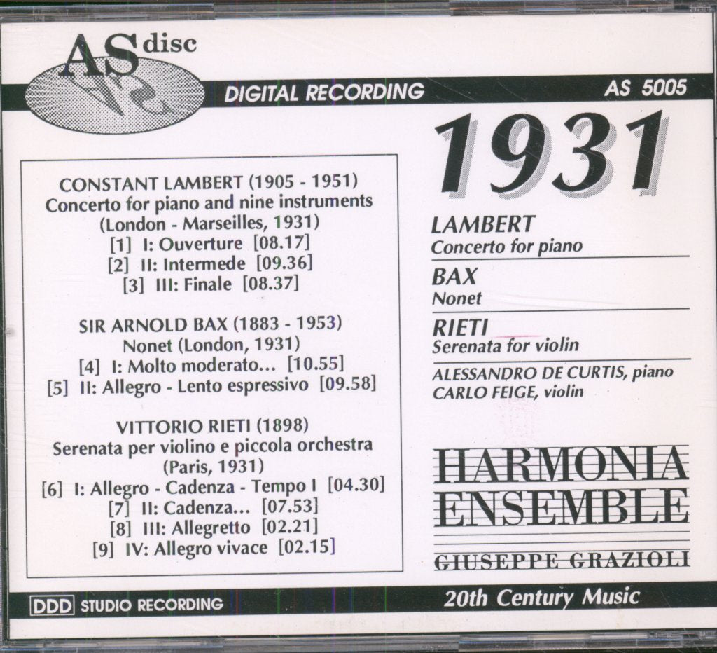 Harmonia Ensemble, Giuseppe Grazioli - 1931 - Lambert - Bax - Rieti - Cd