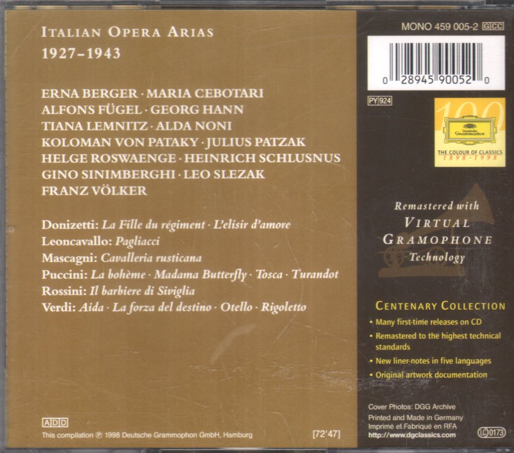 Heinrich Schlusnus, Leo Slezak, Koloman Von Pátaky, Franz Völker, Erna Berger, Helge Roswaenge, Tiana Lemnitz - 1927-1943: Italian Opera Arias - Cd