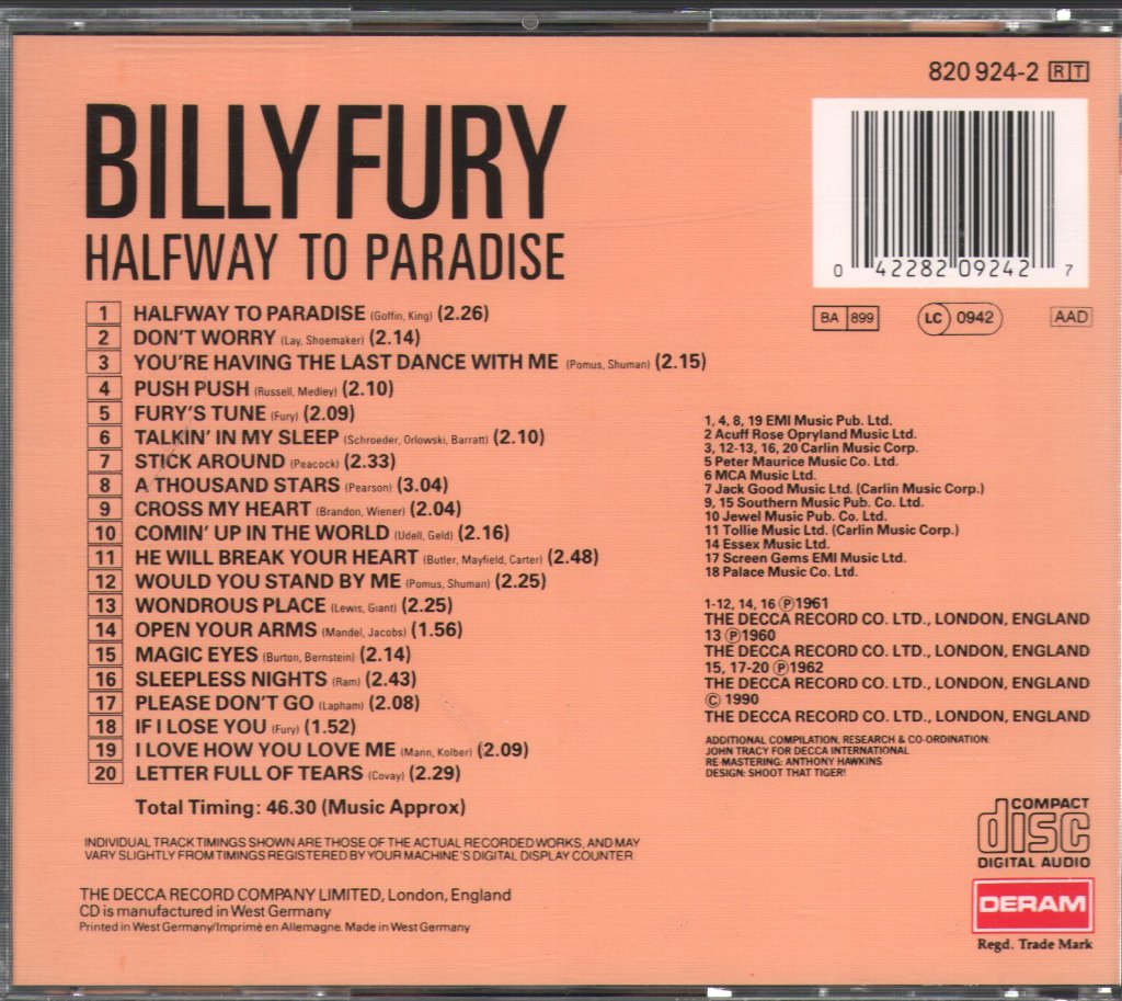 Billy Fury - Halfway To Paradise - Cd