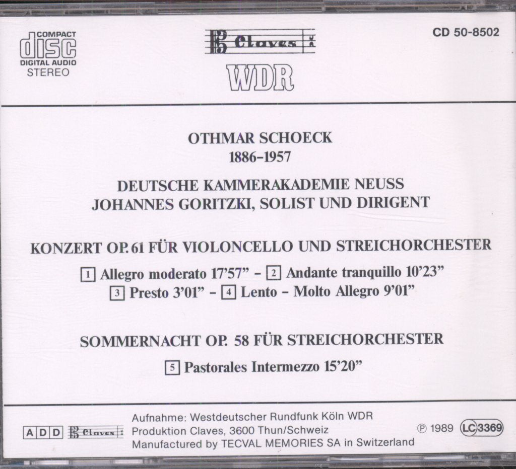 Johannes Goritzki, Deutsche Kammerakademie Neuss - Othmar Schoeck - Cello Concerto, Op. 61 - Sommernacht, Op. 58 For Strings - Cd